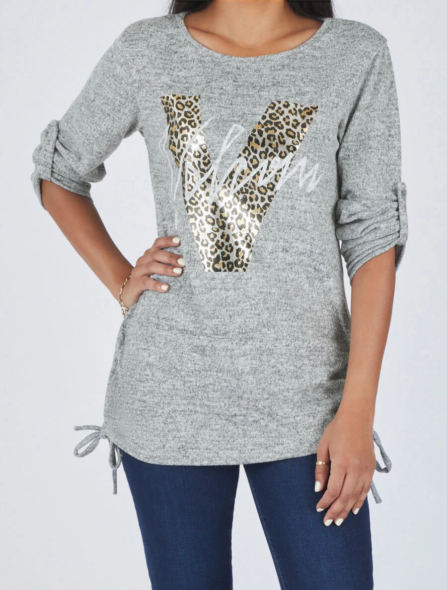 Pull ample à flocage V léopard - Gris chiné - Image 4