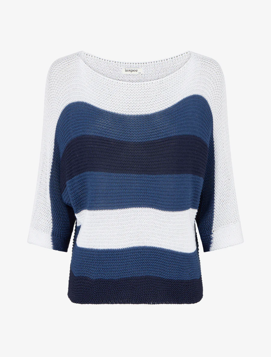 Pull ample à rayures et manches 3/4 - Marine