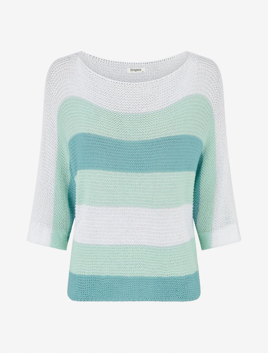 Pull ample à rayures et manches 3/4 - Bleu lagon