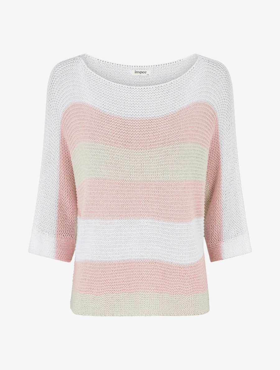 Pull ample à rayures et manches 3/4 - Rose