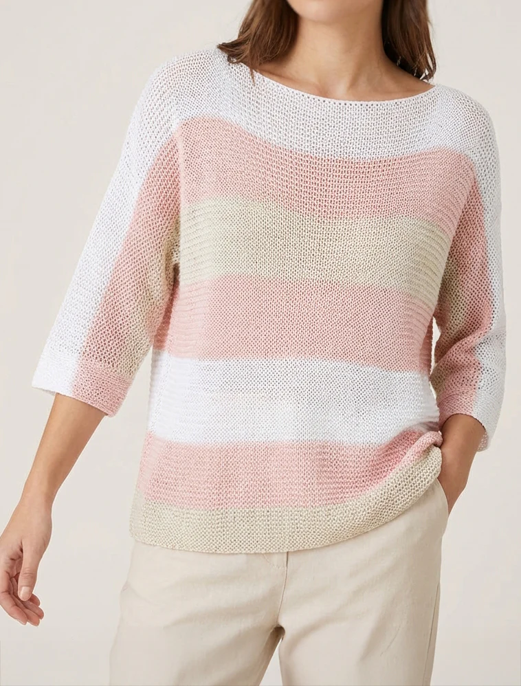 Pull ample à rayures et manches 3/4 - Rose - Image 4
