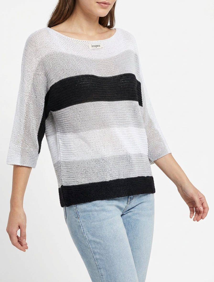 Pull ample à rayures et manches 3/4 - Noir - Image 4