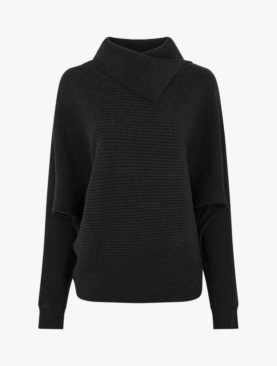 Pull ample côtelé à col montant asymétrique - Noir