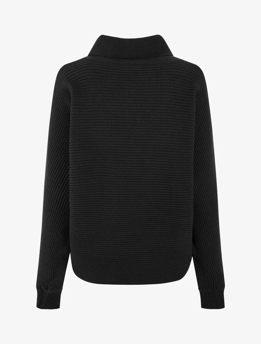 Pull ample côtelé à col montant asymétrique - Noir - Image 2