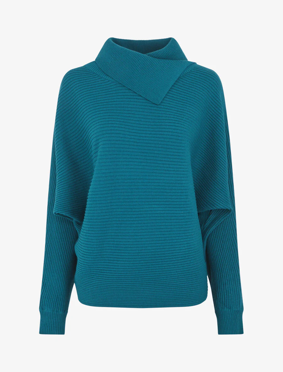 Pull ample côtelé à col montant asymétrique - Bleu canard