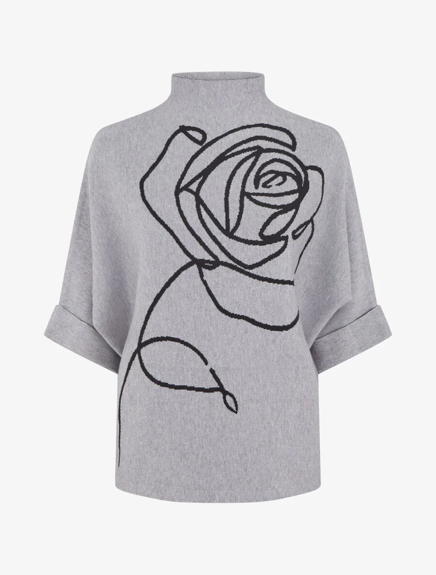 Pull ample manches 3/4 motif rose - Gris