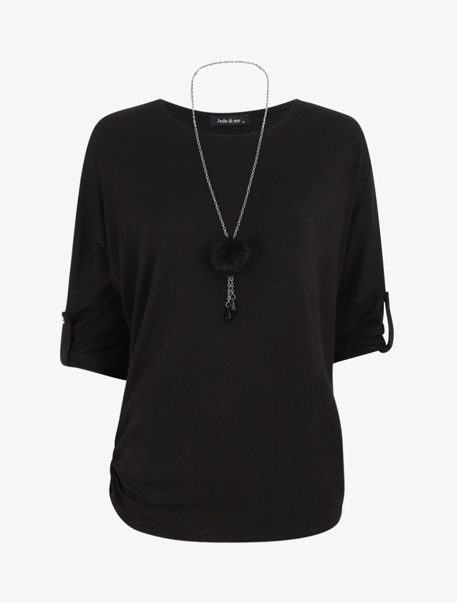 Pull ample uni avec sautoir - Noir