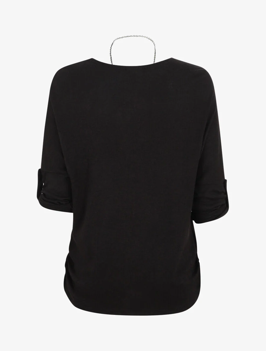 Pull ample uni avec sautoir - Noir - Image 2