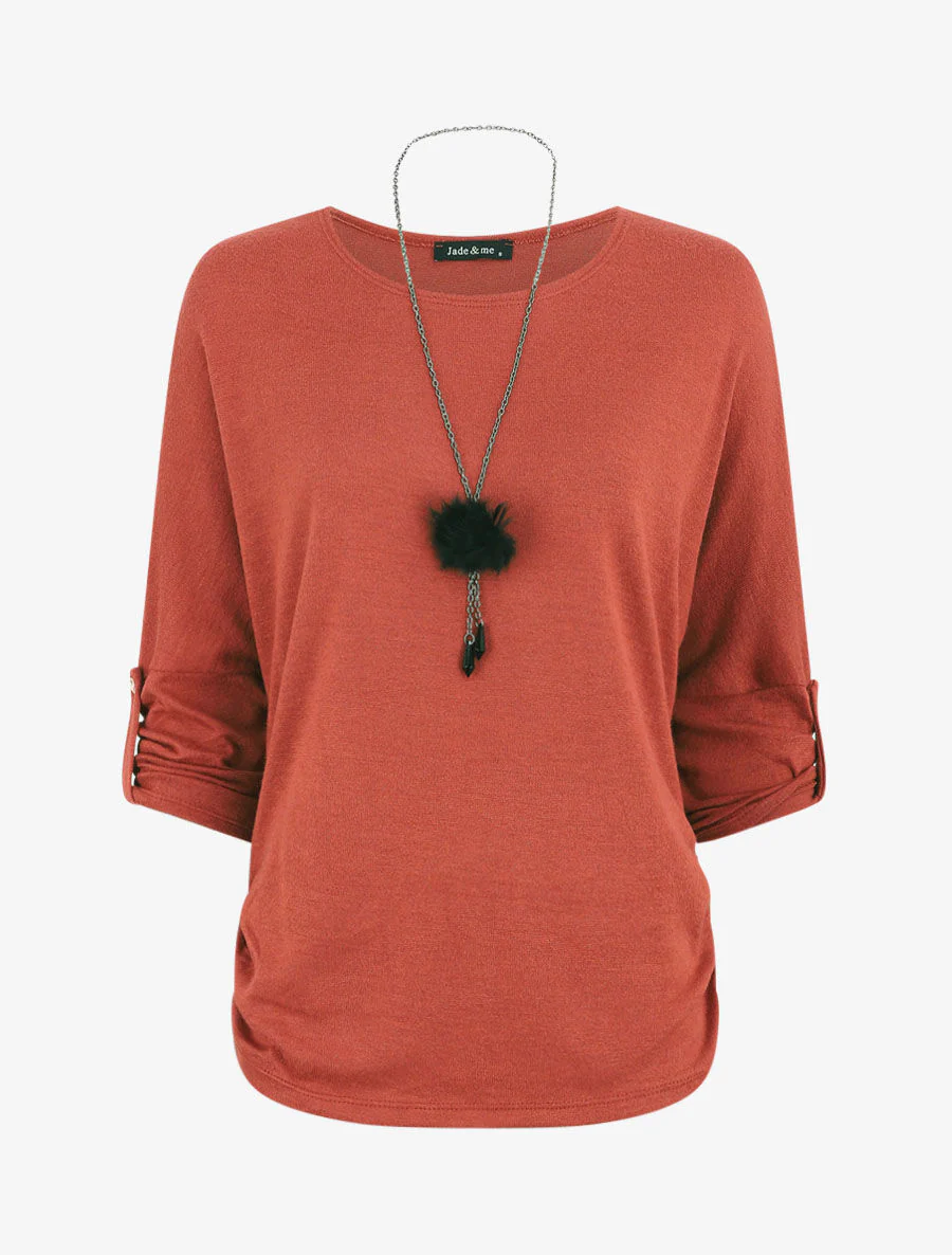Pull ample uni avec sautoir - Rouille