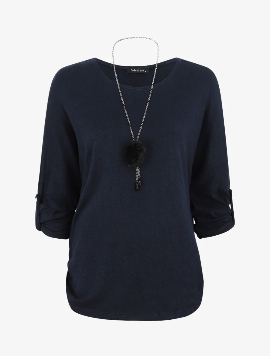 Pull ample uni avec sautoir - Marine