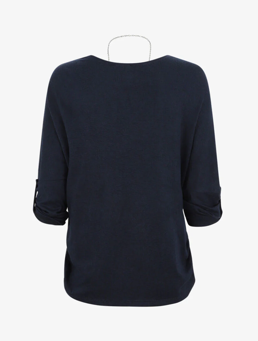 Pull ample uni avec sautoir - Marine - Image 2