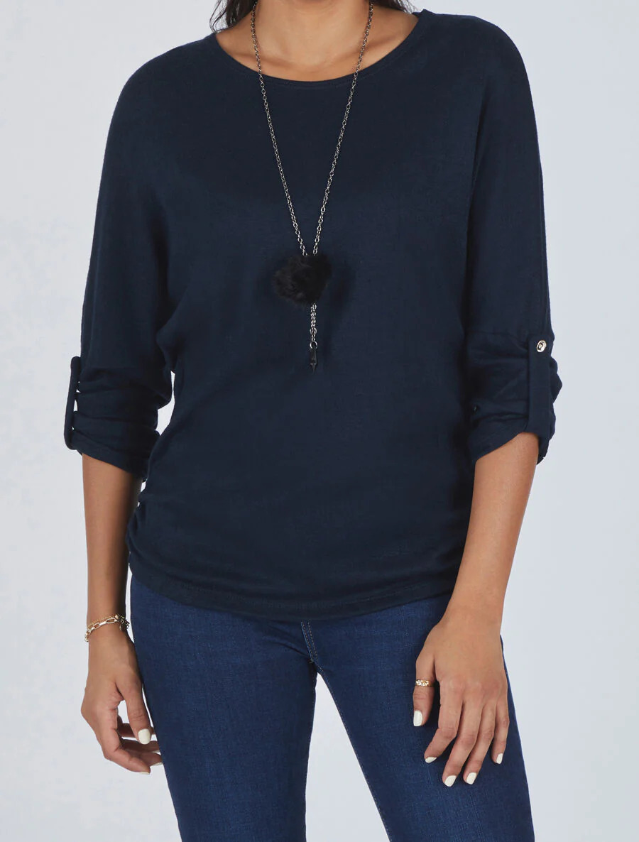 Pull ample uni avec sautoir - Marine - Image 4