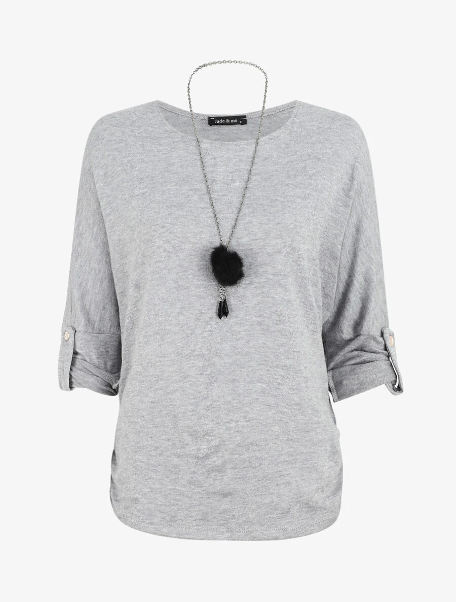 Pull ample uni avec sautoir - Gris clair