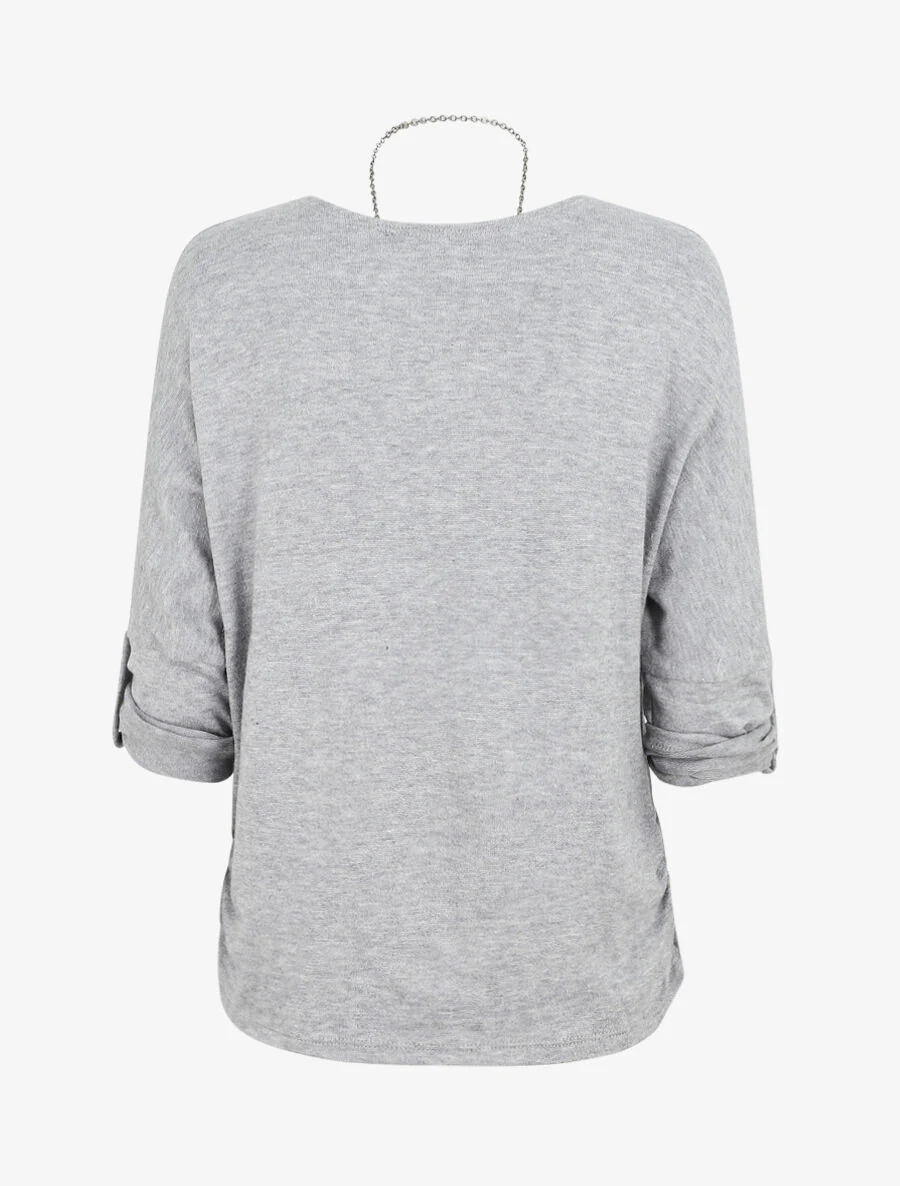 Pull ample uni avec sautoir - Gris clair - Image 2