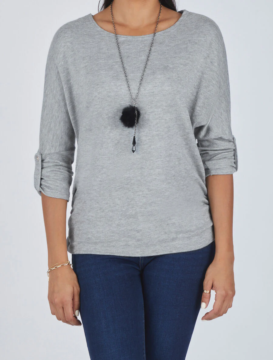 Pull ample uni avec sautoir - Gris clair - Image 4