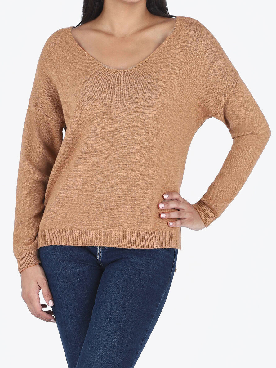 Pull ample uni col V - Camel - Image 4