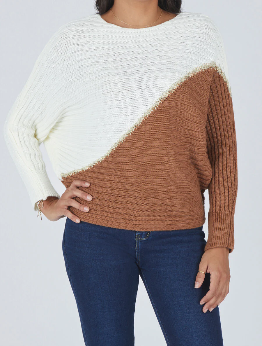Pull bicolore à liseré doré - Camel - Image 4