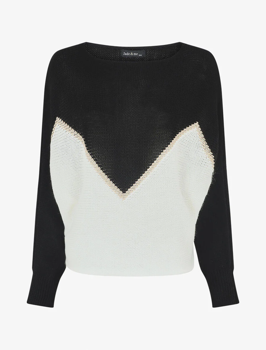 Pull bicolore à liseré doré zigzag - Noir