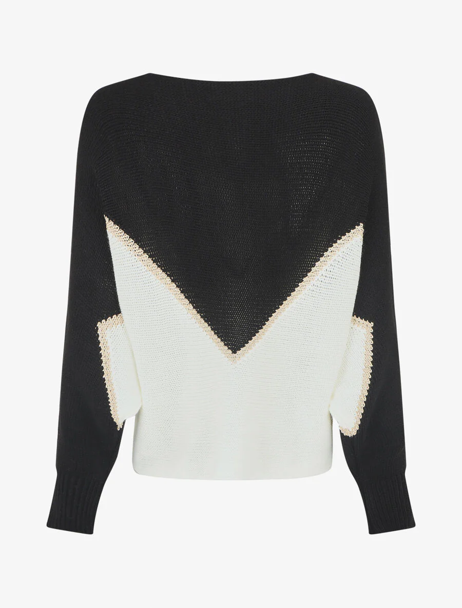 Pull bicolore à liseré doré zigzag - Noir - Image 2
