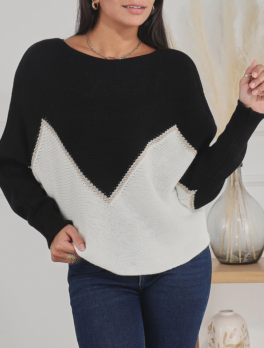 Pull bicolore à liseré doré zigzag - Noir - Image 4