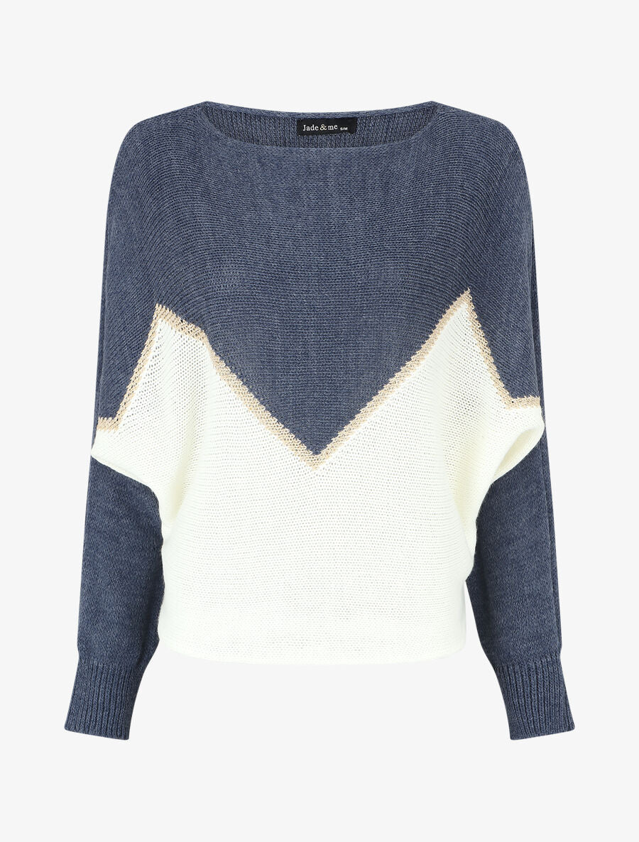 Pull bicolore à liseré doré zigzag - Bleu