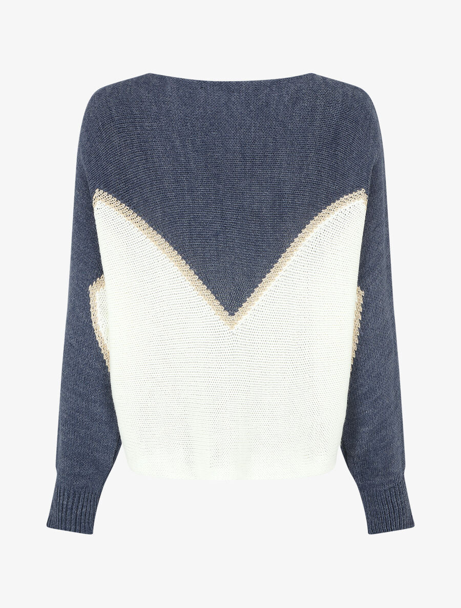 Pull bicolore à liseré doré zigzag - Bleu - Image 2