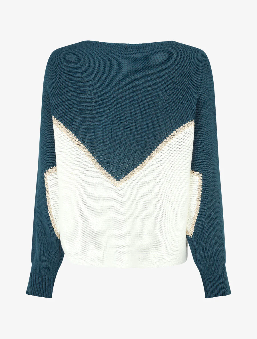 Pull bicolore à liseré doré zigzag - Bleu canard - Image 2