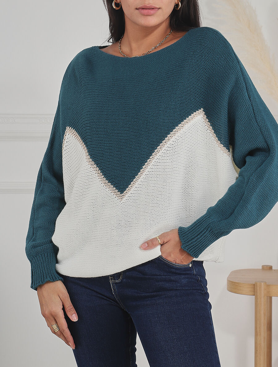Pull bicolore à liseré doré zigzag - Bleu canard - Image 4