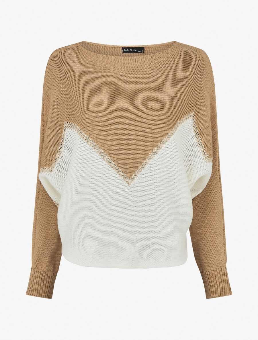Pull bicolore à liseré doré zigzag - Beige