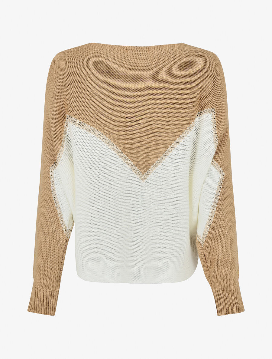 Pull bicolore à liseré doré zigzag - Beige - Image 2