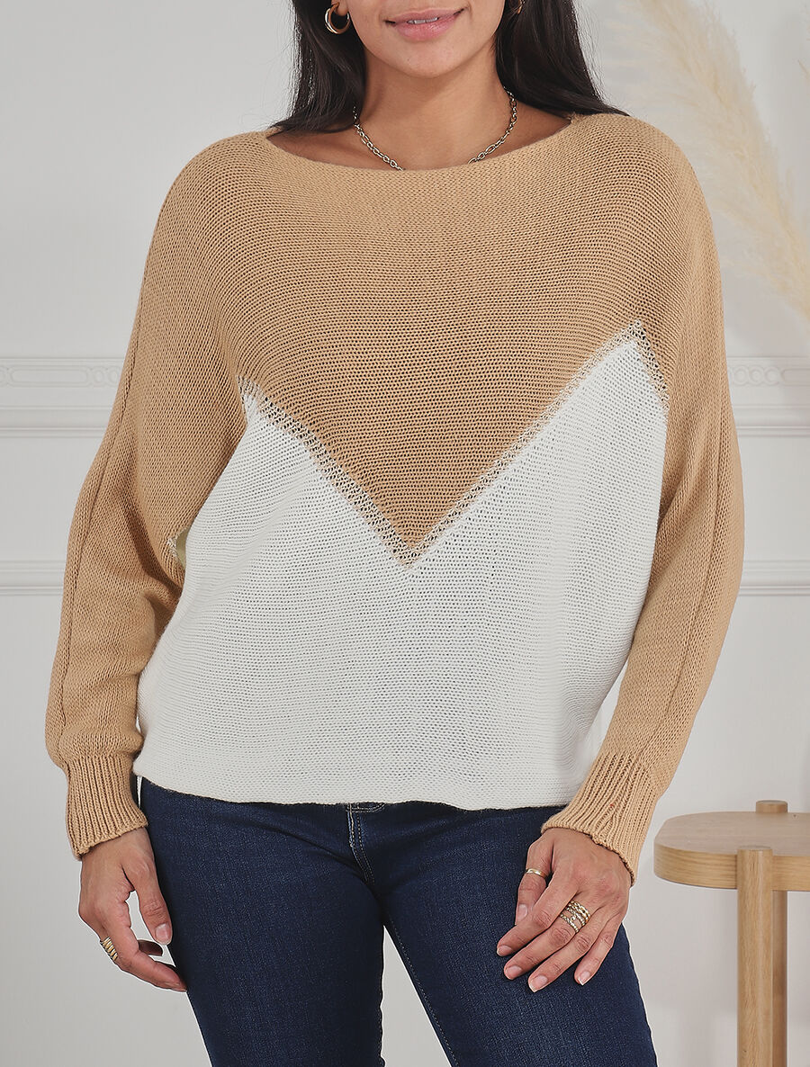 Pull bicolore à liseré doré zigzag - Beige - Image 4