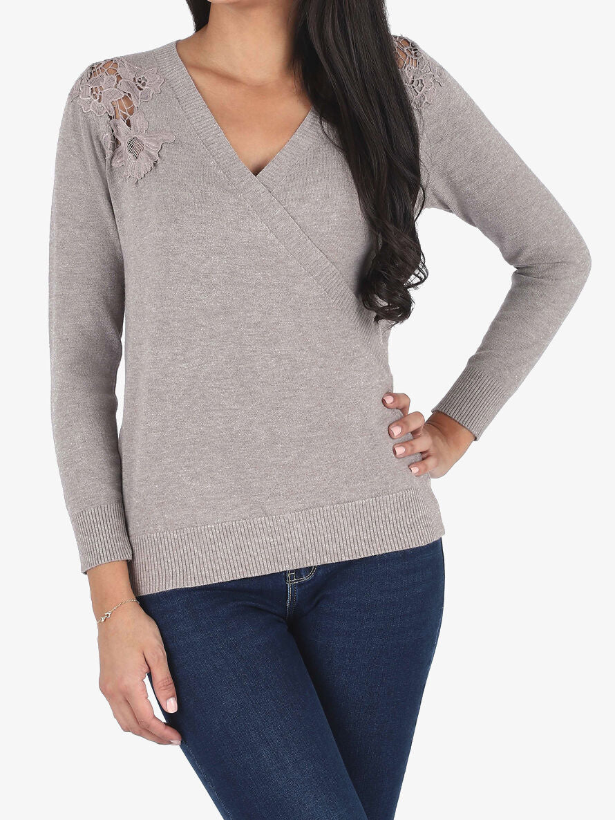 Pull cache-coeur à détail dentelle - Taupe - Image 4