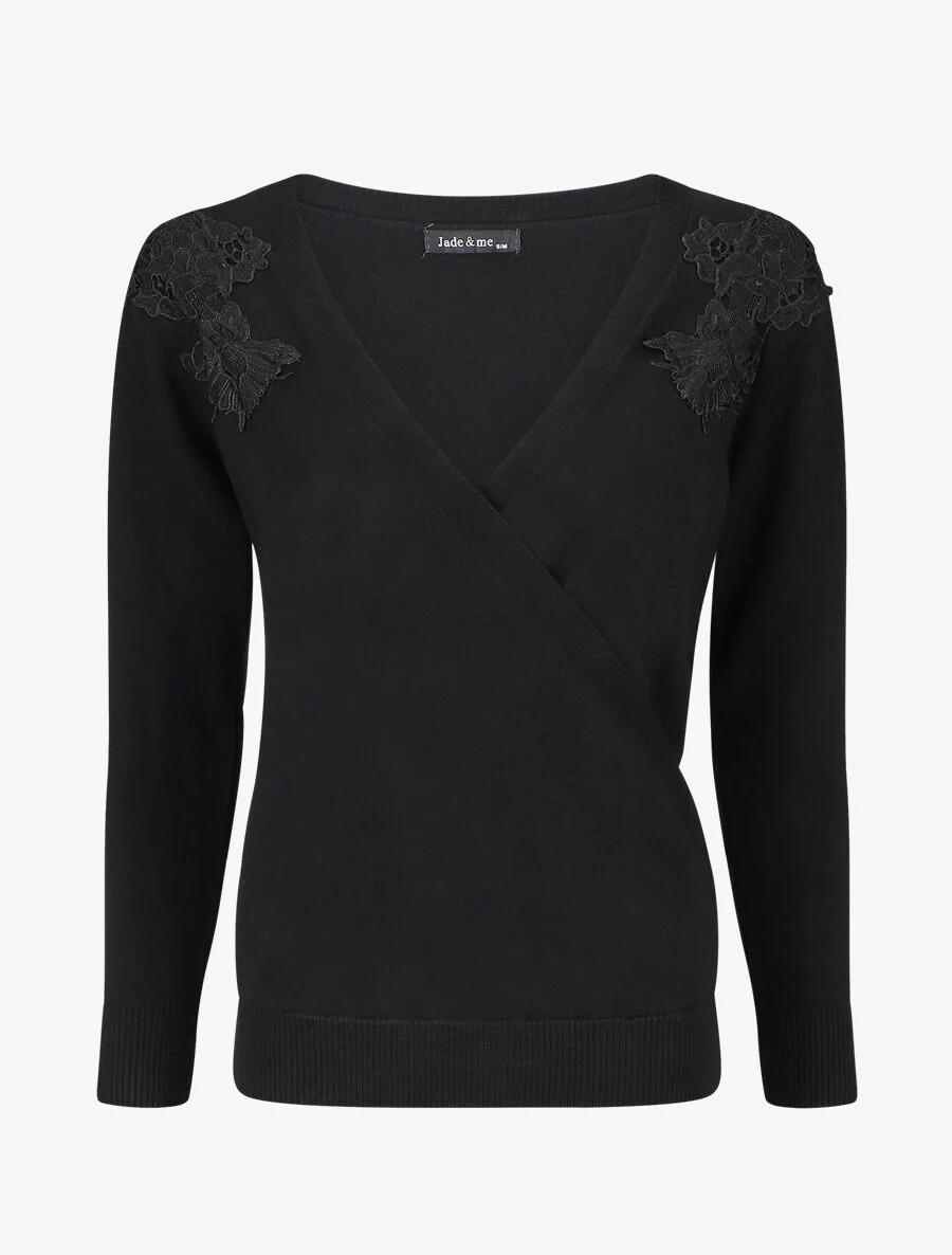 Pull cache-coeur à détail dentelle - Noir