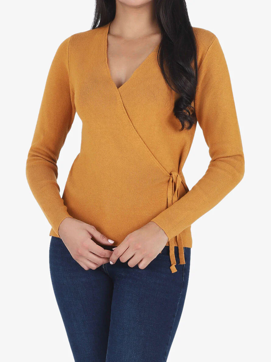 Pull cache-coeur et liens à nouer - Jaune moutarde - Image 4