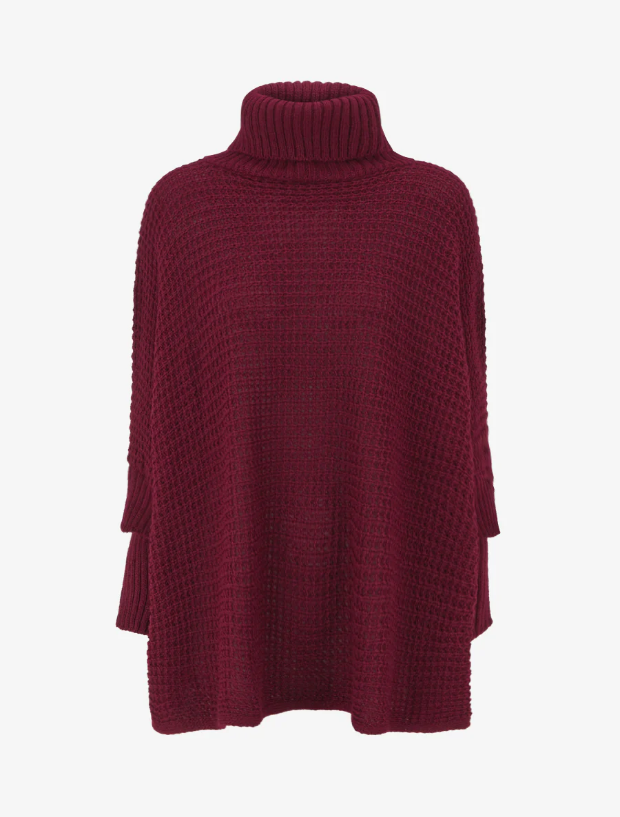 Pull carré style poncho à col roulé - Lie de vin