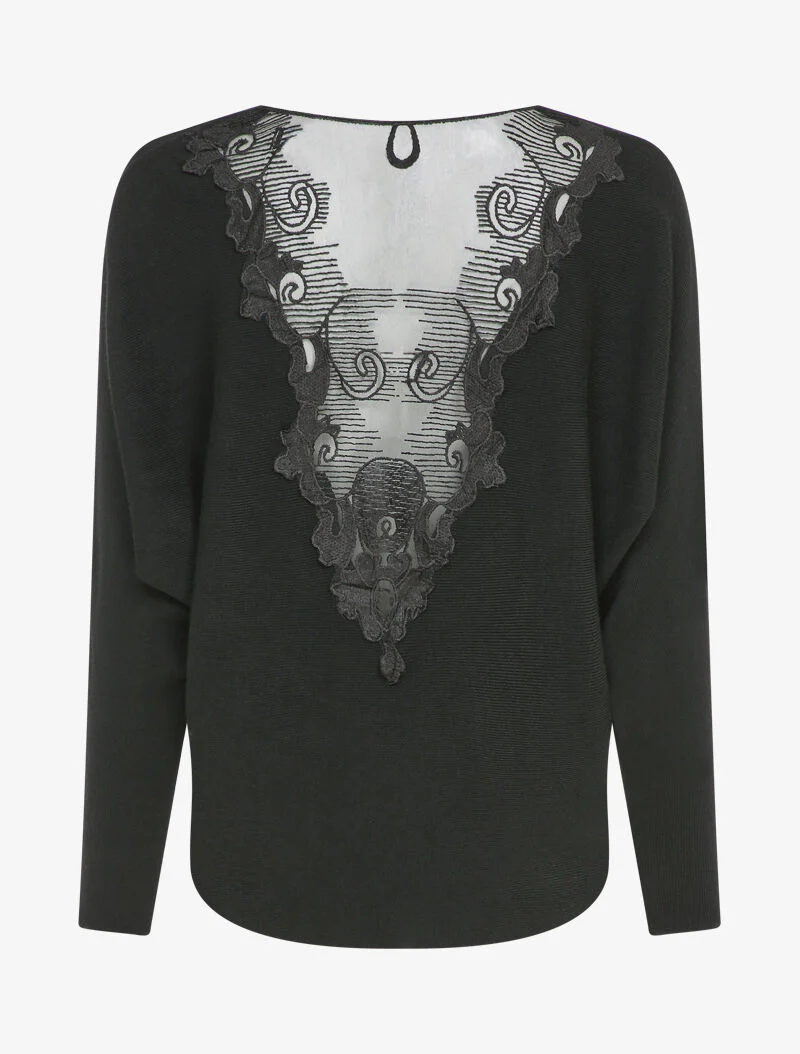 Pull chauve-souris avec dentelle au dos - Noir - Image 2