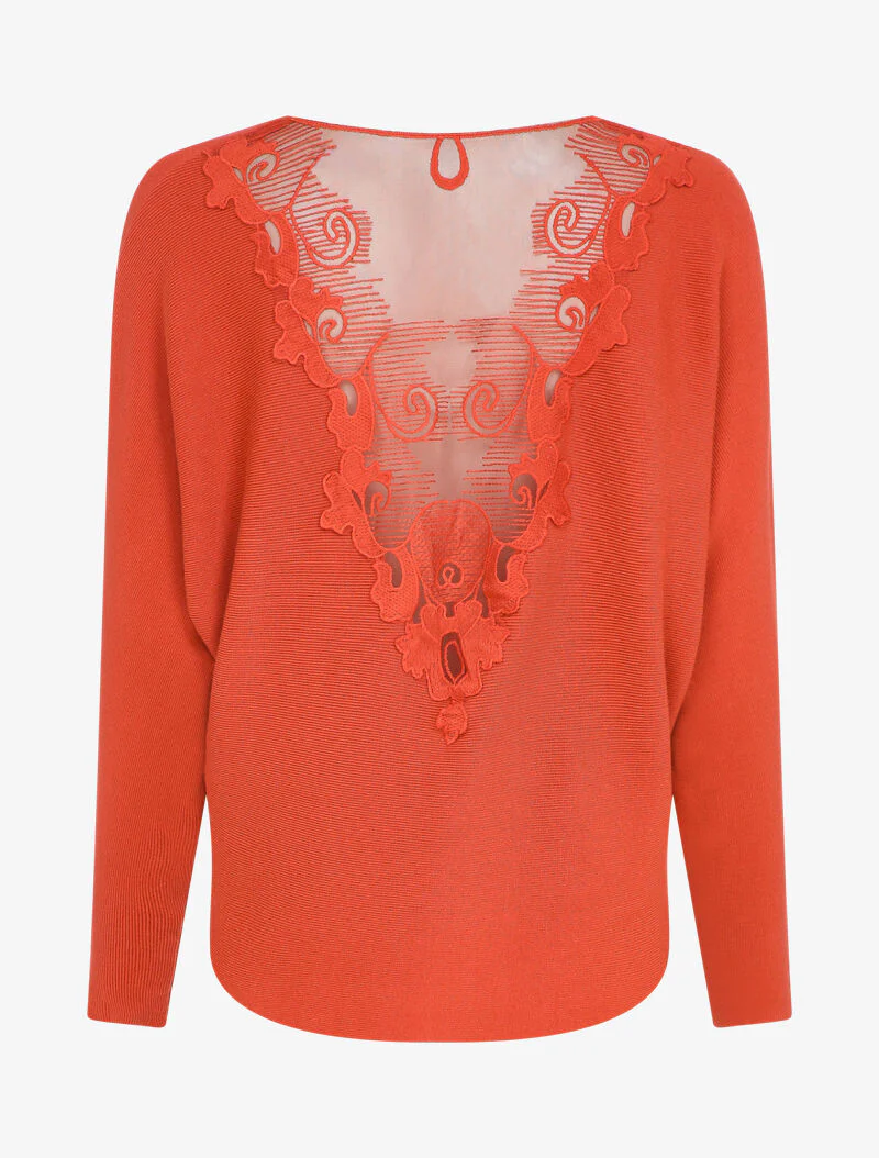 Pull chauve-souris avec dentelle au dos - Rouge - Image 2
