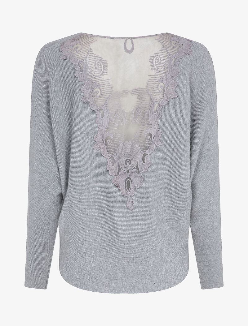 Pull chauve-souris avec dentelle au dos - Gris - Image 2