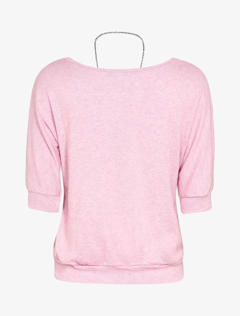 Pull chauve-souris avec sautoir - Rose - Image 2