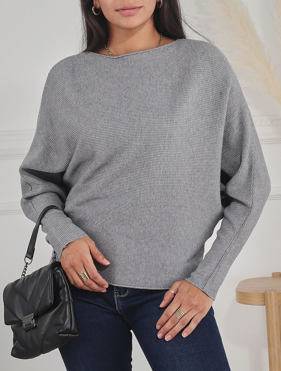 Pull col bateau ajusté - Gris - Image 4