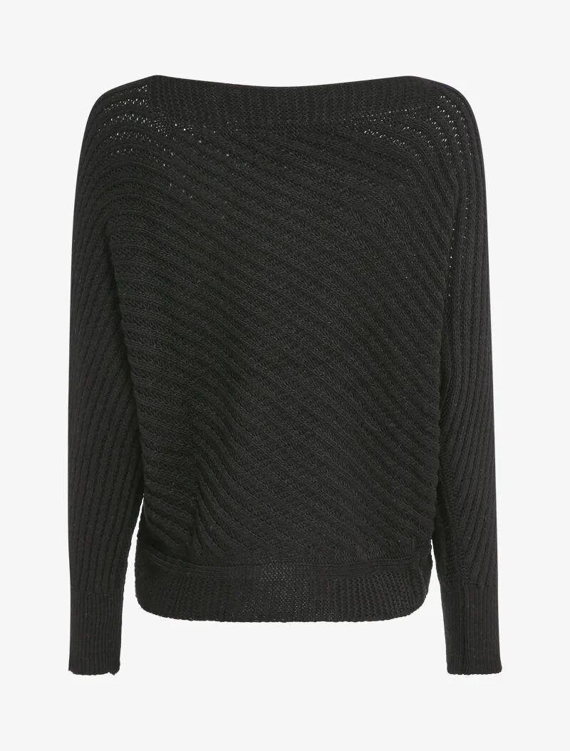 Pull col bateau en maille striée - Noir - Image 2