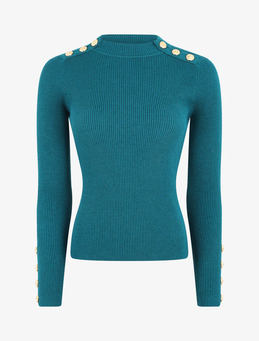 Pull col montant ajusté à boutons - Bleu canard