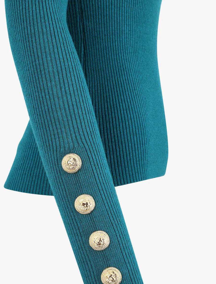 Pull col montant ajusté à boutons - Bleu canard - Image 3