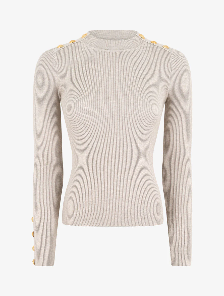 Pull col montant ajusté à boutons - Beige