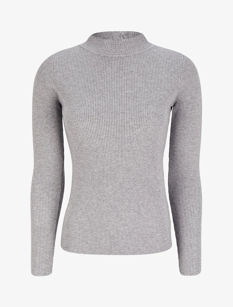 Pull col montant côtelé - Gris chiné