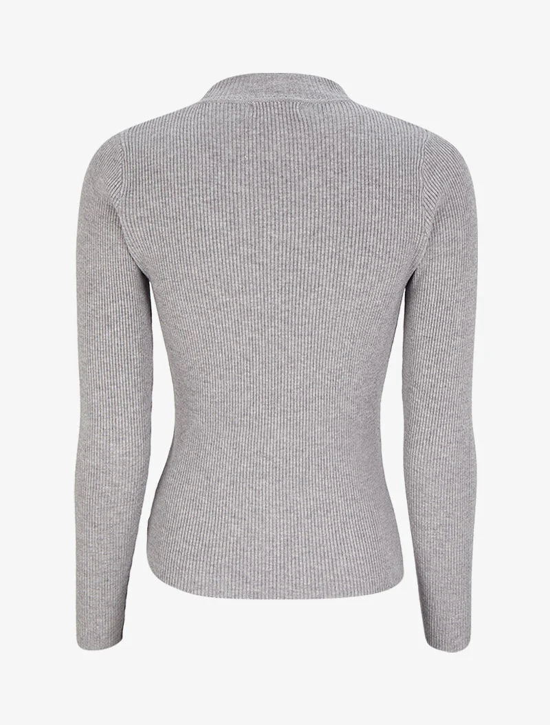 Pull col montant côtelé - Gris chiné - Image 2