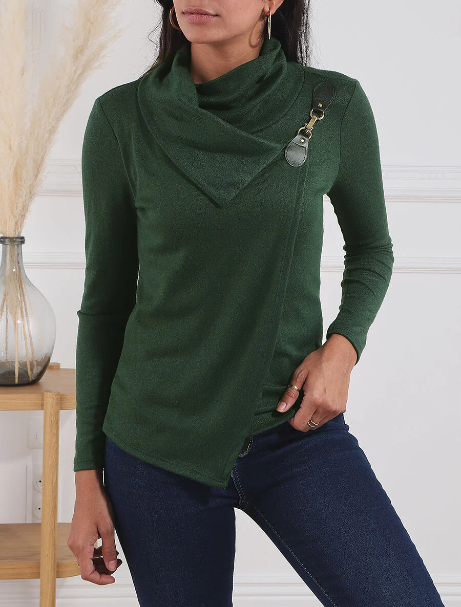 Pull col montant et crochet décoratif - Vert sapin - Image 4