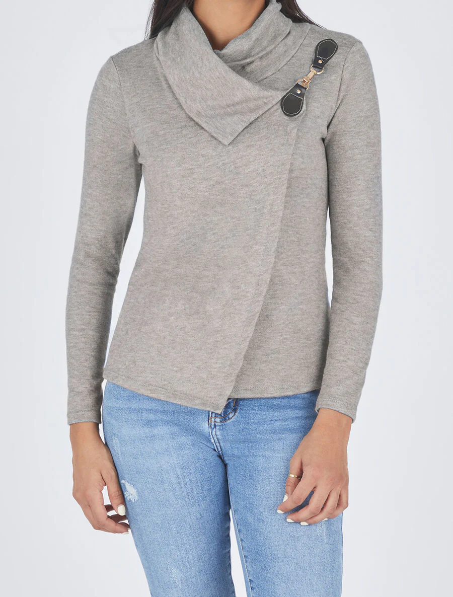 Pull col montant et crochet décoratif - Gris - Image 4