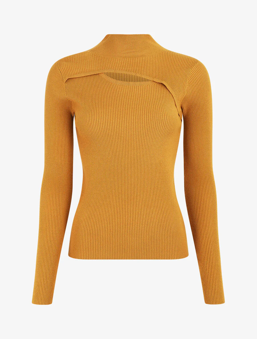 Pull col montant et décolleté ajouré - Moutarde