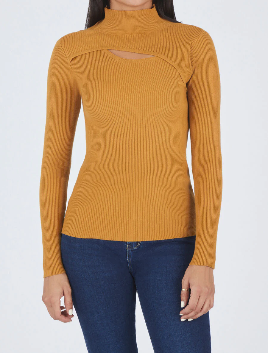 Pull col montant et décolleté ajouré - Moutarde - Image 4